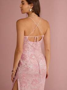 Enchnt Spring/Summer Romantic Women's Sequin Floral Embroidery Spaghetti Strap Fitted Maxi Dress,Chic&Elegant For Party&Date&Holiday&Graduation&Going Out - Pink - View 4