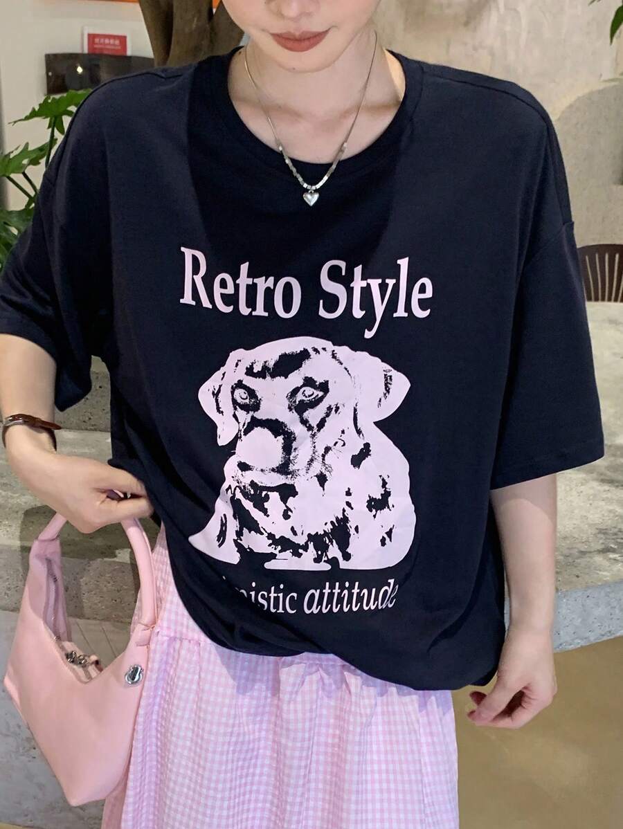 DAZY Camiseta de mujer suelta y casual de cuello redondo, manga corta, con estampado de perro, para calle, de verano, camiseta gráfica - Azul Marino - Ver 1