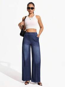SHEIN Essnce Women's Casual & Work Wide-Leg Washed Denim Jeans - Medium Wash - View 5
