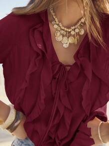 Aralina Ruffled V-Neck Long Sleeve Front Tie Blouse