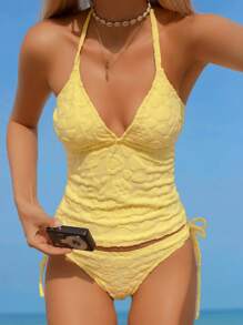 SHEIN Swim Mod 女士吊带背心和比基尼泳装，黄色可爱款式，特殊面料两件套泳衣，海滩度假泳衣 - 黃色 - 查看 3