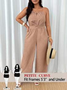SHEIN PETITE Bộ đồ liền thân ống rộng màu trơn cạp chéo cỡ lớn dành cho nữ - Màu Khaki - Xem 1