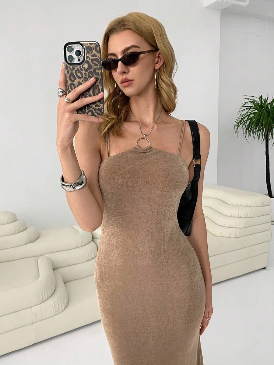 SHEIN EZwear Vestido elegante de color liso, corte ajustado - Caqui - Ver 1