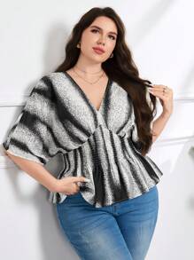 Modelyn Plus Size Women Striped Batwing Sleeve Shirred Waist Ruffle Hem Fashion Blouse - Multicolor - View 5