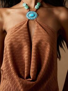 MISSGUIDED Western Bohemian Mini Dress Textured Jersey Cowl Neck Turquoise Stone Pendant Halter Festival American Southwest Style Summer Spring Sleeveless Party Dress - Coffee - View 6