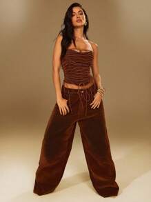 Denimoi Washed Denim Velvet Affect Lace Up Corset Top - Brown - View 2