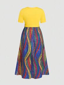 INAWLY Plus Size Women Colorful Striped Tied Waist Short Sleeve Casual Dress, Summer