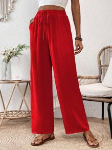 SHEIN LUNE Loose Straight Elastic Drawstring Textured Wrinkled Fabric Spring Summer Pants - Red - View 5