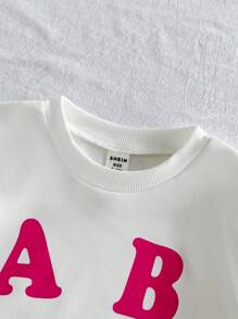 SHEIN 2 件套女婴休闲日常可爱趣味标语重磅针织运动衫和短裤套装 - 白色 - 查看 4
