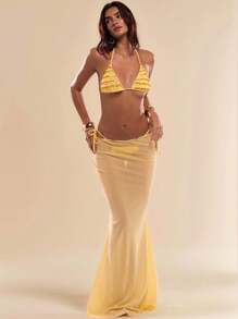 SHEIN BAE Conjunto de bikini de verano para mujer de unicolor con volantes multicapa, escote halter con lazo en el cuello, sexy, con cobertor y media falda - Amarillo - Ver 1