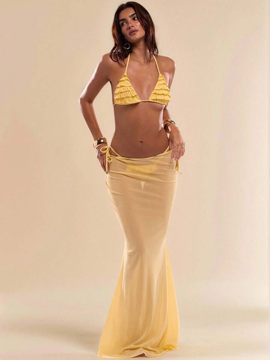 SHEIN BAE Conjunto de bikini de verano para mujer de unicolor con volantes multicapa, escote halter con lazo en el cuello, sexy, con cobertor y media falda - Amarillo - Ver 1