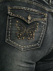 ROMWE Fairycore Jeans acampanados informales a la moda con desgaste y tachuelas con diseño de mariposa en tallas grandes - Azul - Ver 2