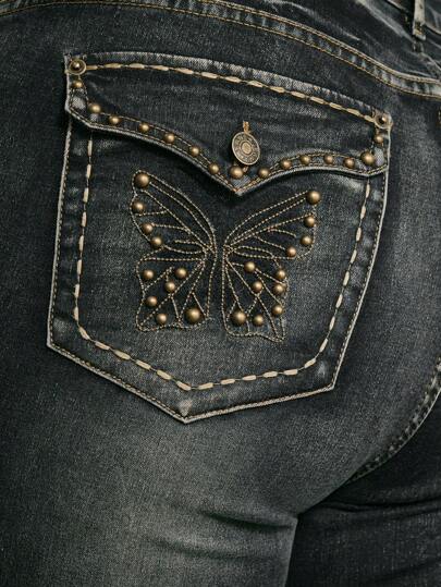 Fairycore Jeans évasés décontracté grande taille, déchirés avec papillons cloutés