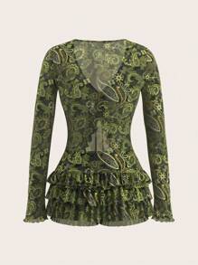 SHEIN ICON 长袖网眼印花开衫和低腰半身裙两件套 7 月 4 日女士服装 - 綠色 - 查看 7