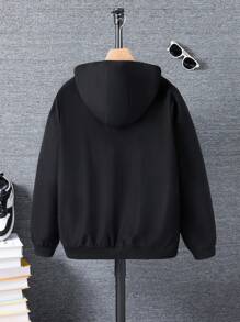 Teen Boy's Casual Hooded Jacket With Zipper Pockets And Rib Knit Trim, Suitable For Daily Commute And Leisure Wear Fall Winter - Black - View 2