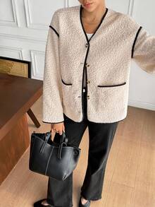 Serisse 女士休闲通勤撞色滚边常规款外套，秋冬季，时尚秋季，女士秋季装，撞色外套，优雅女士外套，外出穿着