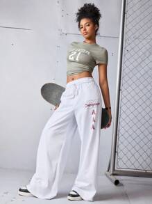 Streetz SHEIN Sport Women's Casual Letter & Number Print T-Shirt,Los Angelas 21 Basketball Short Sleeves Cropped Fitted Shirt,Sage Green,Summer,Gym,Back-To-School - Green - View 5