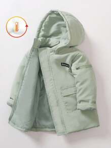 SHEIN 1 件装年轻男孩休闲保暖连帽加厚外套，带口袋，适合秋冬季 - 綠色 - 查看 1