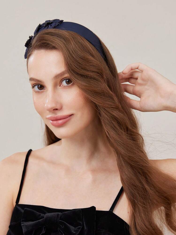 FAUX PEARL APPLIQUES FLOWER WIDE HEADBAND