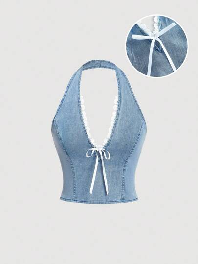 SHEIN MOD Women Summer Front Tie Denim Halter Crop Top,Cute Halterneck Lace Bow Tight,Summer,Vacation,Off The Shoulder Top,Crop Tops Women,Going Out Tops Women,Birthday,Halter Tops,Vintage Tops,Cute Shirts,Hawaii,Birthday,Going Out Tops,Y2k Top