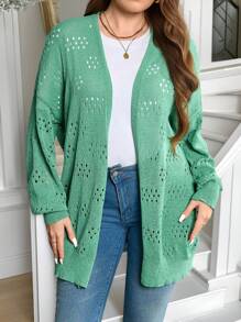 SHEIN Femmes grande taille Cardigan mi-long à manches longues à épaules tombantes, couleur unie, style ajouré