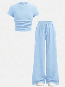 SHEIN 青少年女孩两件套：纯色纹理针织立领修身短袖 T 恤和阔腿裤 - 藍色 - 查看 4