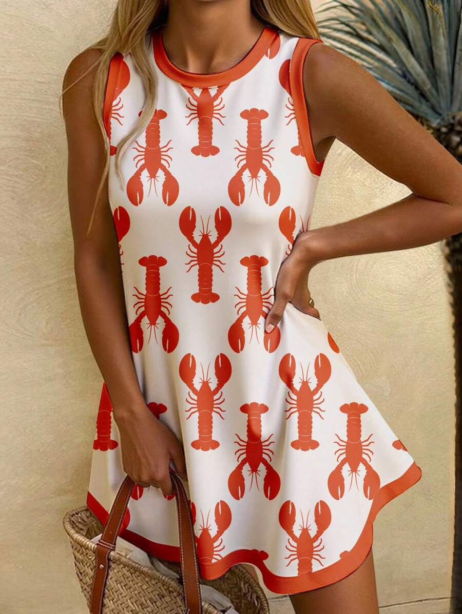 SHEIN EZwear 女士小龙虾印花圆领无袖短款休闲连衣裙，适合夏季