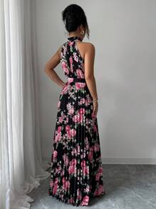 Elenzga Halloween Costume Ruffle Sleeveless Halter Waist A-Line Printed Elegant Romantic Dress For Women