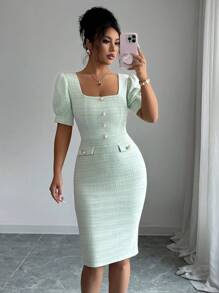 Selianne Bodycon-Kleid mit quadratischem Ausschnitt, Puffärmeln und Knopfverschluss