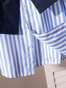 SHEIN Genkimix Kids Young Boys Classic Striped Long Sleeve Shirt And Shawl Collar, Navy Blue Suit Pants, Fashionable Gentleman Outfit, Suitable For Birthday Party, Formal Event, Wedding, Christening, Back To School Season Fall Winter