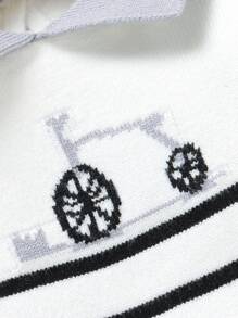 SHEIN 新生婴儿条纹毛衣套装，0-9 个月，休闲时尚风格，黑白灰色，开领，裆部按扣，领子，自行车印花，长袖针织毛衣和裤子 2 件套，柔软舒适，适合日常、外出、旅行、度假、居家、托儿所、儿童玩耍 - 白色 - 查看 6