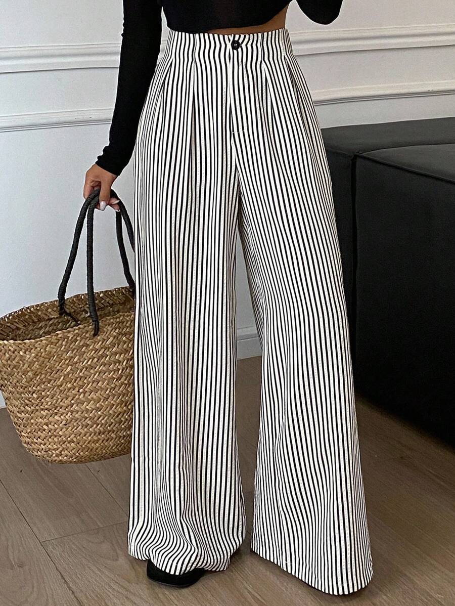 DAZY 女式条纹褶皱高腰阔腿休闲裤 - 黑與白 - 查看 1