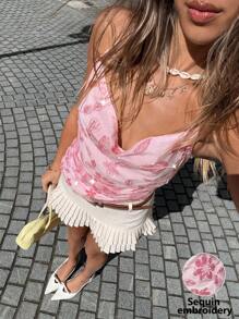 Siren Gaze Sequin Embroidered Cami Top,Rave Festival,Ibiza, Pink Sequin Top,Island Vacation, Elegant Top, Cute Top Summer Pink Casual - Pink - View 1