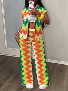 Slaydiva Women's Light Orange Autumn Casual Vacay Retro Wave Pattern Crochet 2 Pieces Set,Sleeveless Open Front Lapel Cardigan & Wide Leg Trousers Wool Suit - Multicolor - View 3