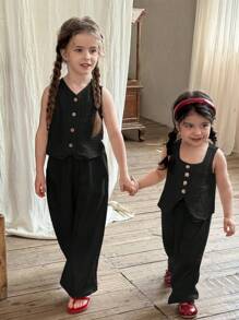 LMoss Kids LMoss 女婴两件套，梭织纯色方领上衣和宽松休闲裤，黑色套装，适合2-3岁女童，黑色女婴服装 - 黑色 - 查看 8