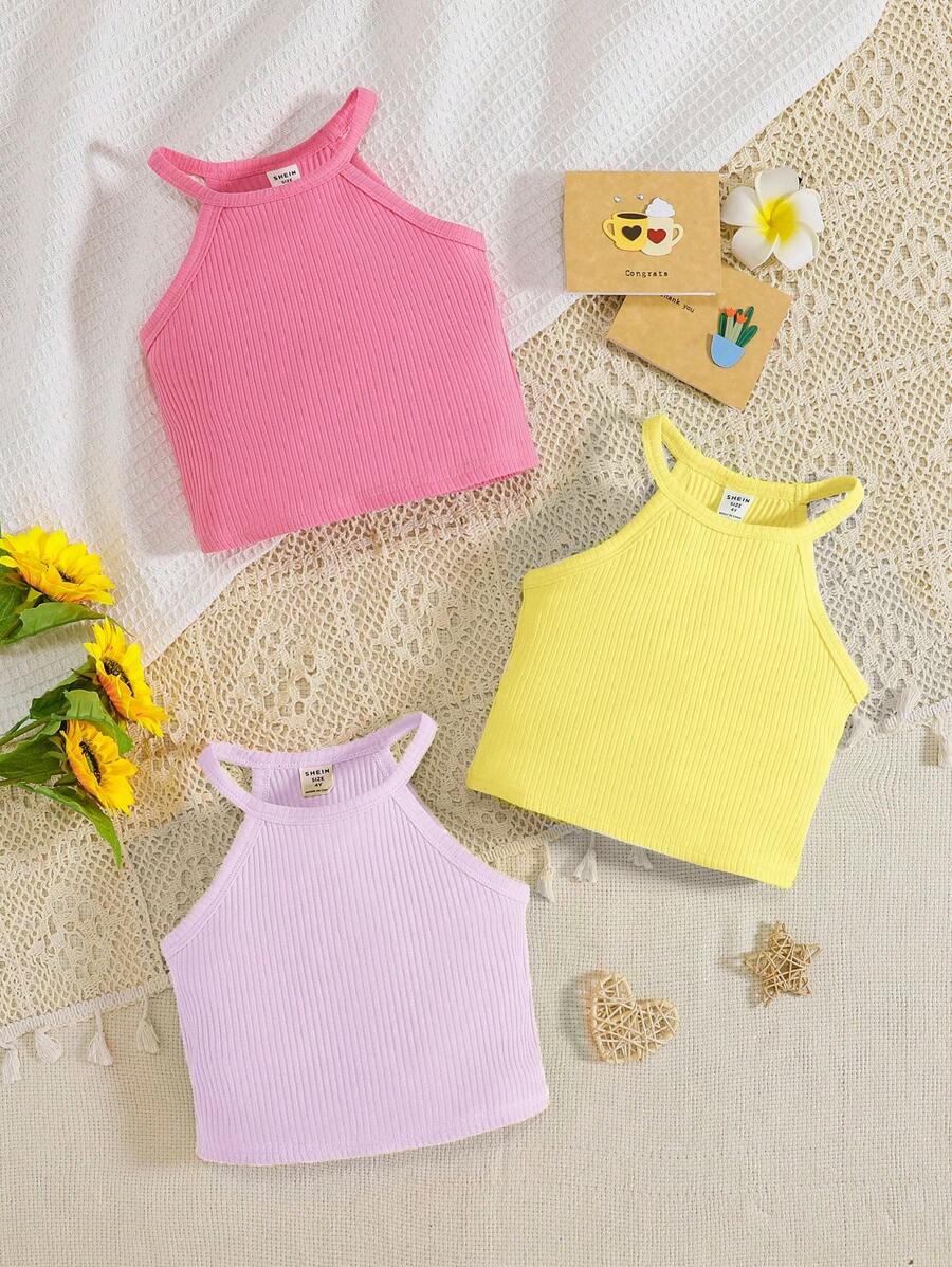 SHEIN 3pcs Young Girl Ribbed Tank Tops Set, Casual Vacation/Back-To-School For Little Sleeveless Tops Halter Tops For Cute Summer Tops For Ribbed Halter Tops Ribbed Halter Top - Purple - View 1