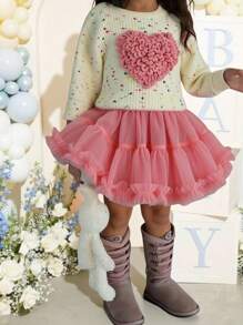 SHEIN 年轻女孩宽松休闲简约舒适心形 3D 针织毛衣和芭蕾短裙套装