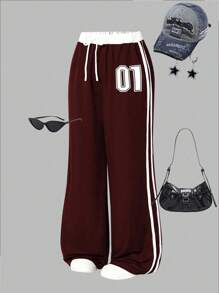 Sparklyn 少女休闲街头时尚短款字母印花运动裤，适合外出、街拍、上学 - 酒紅色 - 查看 2