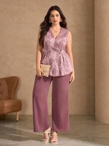 SHEIN Clasi Plus Size Women Summer Elegant Jacquard Vest & Long Pants 2 Pieces Set - Dusty Pink - View 2