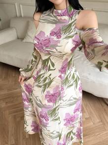 Modelyn 女士花卉印花露肩长袖优雅中长连衣裙 - 彩色 - 查看 3