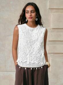 Arave Chaleco casual de estilo vacacional de primavera/verano con encaje calado, volantes y sin mangas en estilo francés chic para ir al trabajo