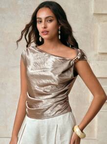 Arave Damen Satin Metall Dekorative Accessoires Plissee asymmetrische Schultern Schräger Kragen Design Tägliche Pendler Exquisite Retro Mode Elegante Vintage Kleidung Frauen Reise Flughafen Top - Grün - Übersicht 9