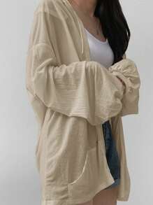 DAZY Women's Oversized Hooded Cardigan With Back Print, Lightweight Jacket, White, Spring/Summer/Autumn - Apricot - View 5