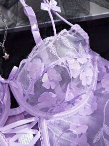 SHEIN 2件浪漫刺绣镂空钢圈文胸套装 - 淡紫色 - 查看 3
