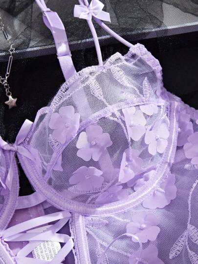 Romantic Geborduurde Front Hollow Out Underwire BH Set Paars Lingerie Bloemen Kanten See Through Birthday view 3