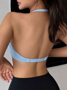 DAZY 1件纯色挂脖扭结前褶瑜伽运动文胸，女士内衣 - 霧霾藍 - 查看 5