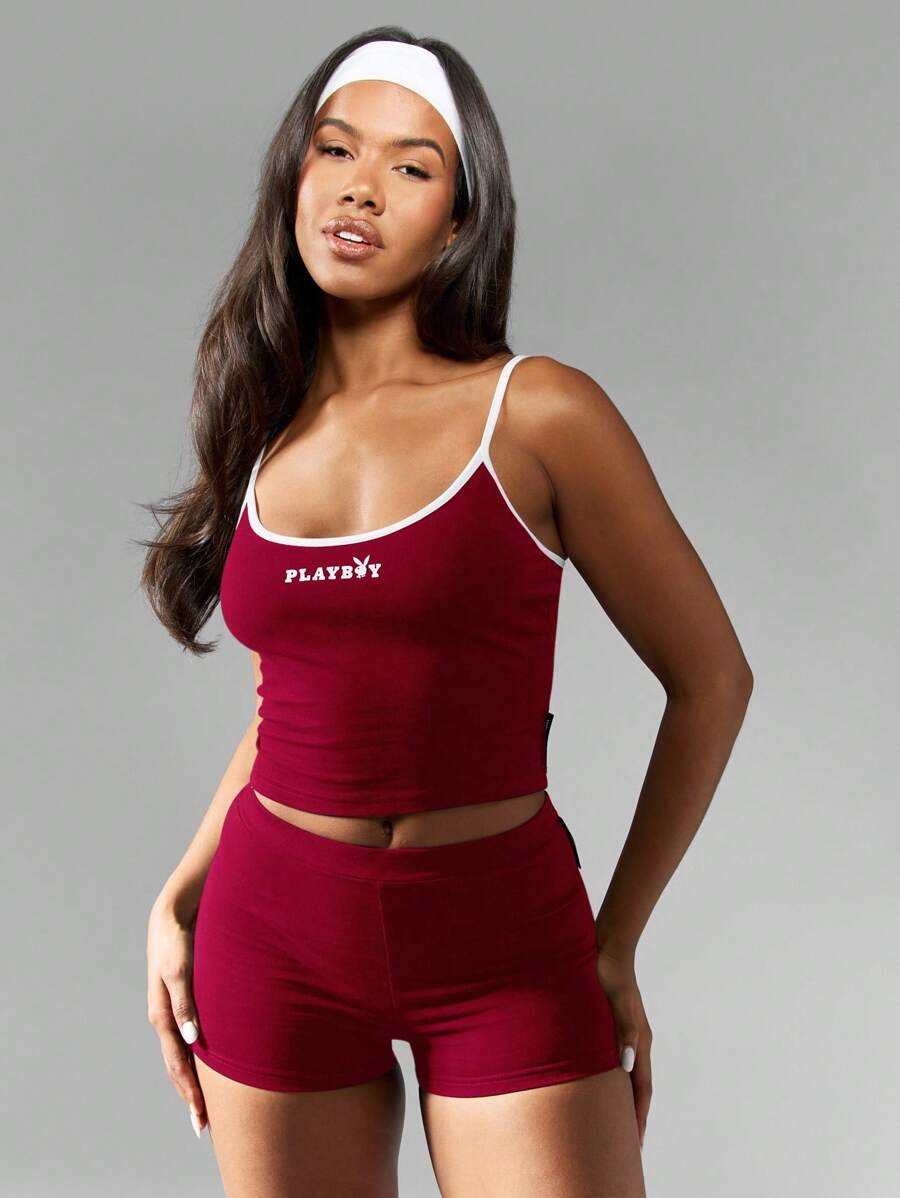 Missguided x Playboy Christmas Crop Tank Top Booty Shorts Active Two Piece Outfit Retro Streetwear Spring Summer Set Fitness Studio Gym Wear Stretch - Red and White - View 1