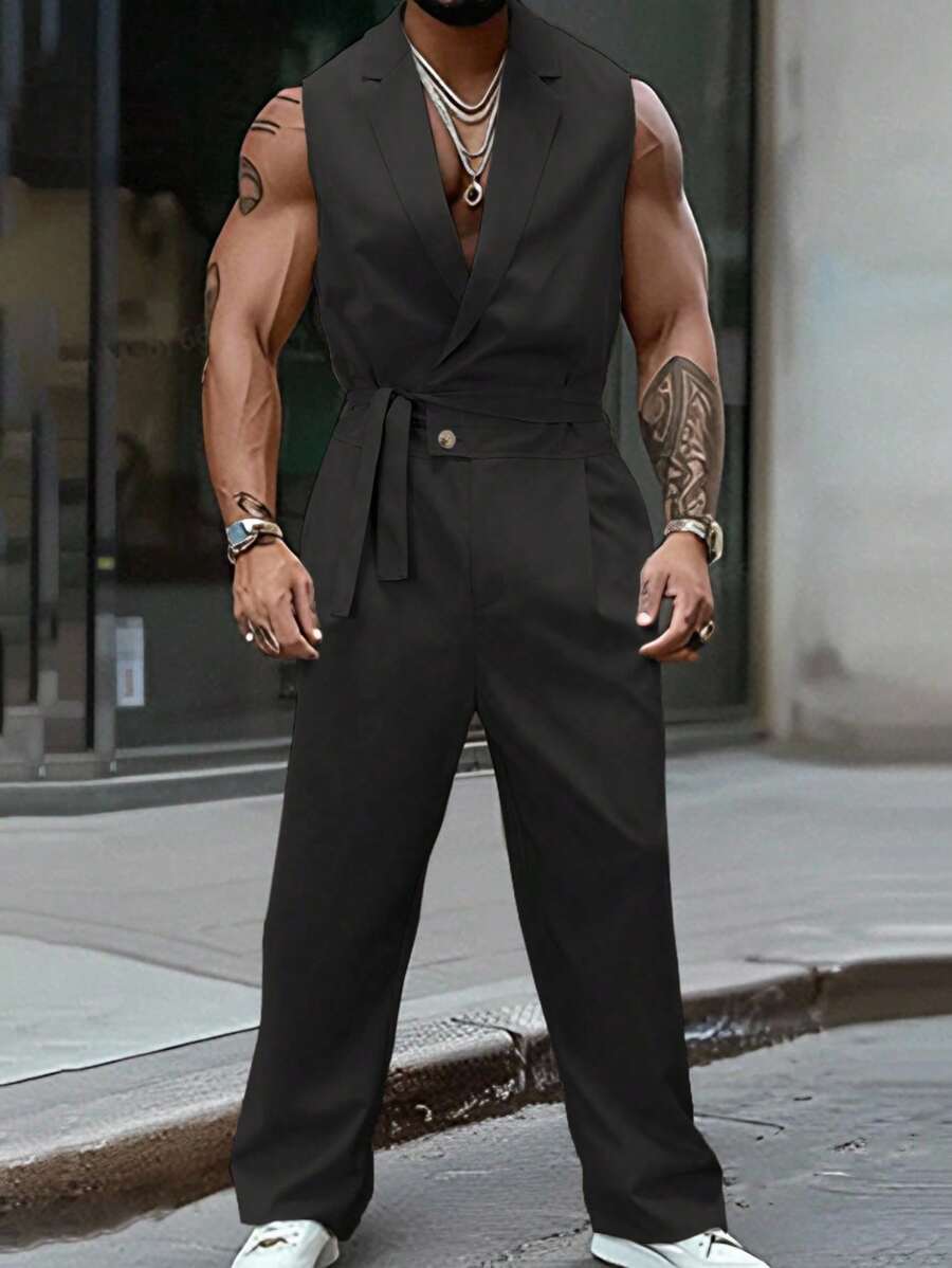 Manfinity Roughcore 男士纯黑色长款连体裤，带口袋和梭织面料，适合商务穿着男士连体裤 - 黑色 - 查看 1