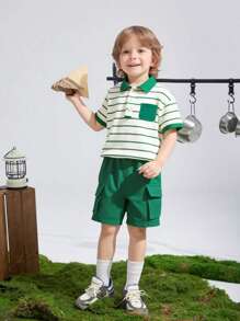 SHEIN 2pcs/Set Young Boy Summer Textured Striped Polo Collar Top And Cargo Pants Outfit - Dark Green - View 5