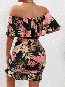Selianne Plants Print Off Shoulder Ruffle Trim Ruched Bodycon Dress Vacation Beach Outfits Women - Black - View 2